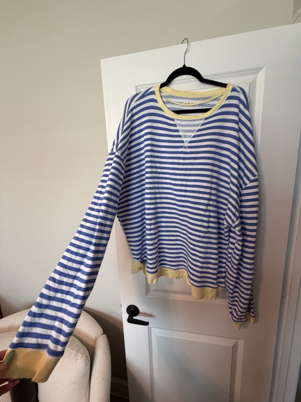 Free People Blue and White Striped Women's Pullover Sweater with Yellow Trim